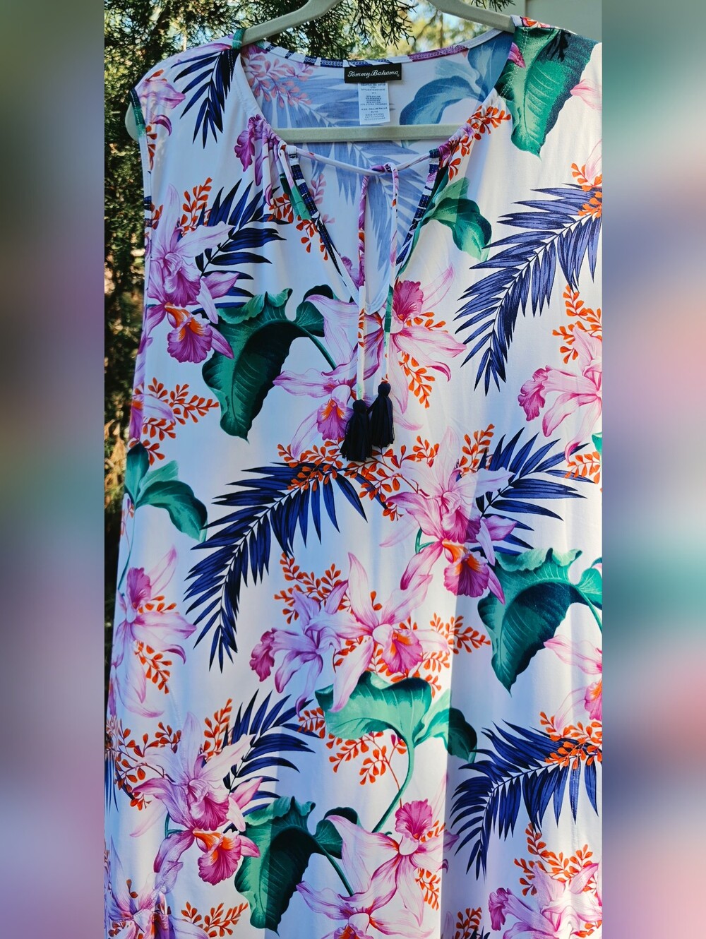 Tommy Bahama women's jersey dress tunic XL sleeveless tropical floral tassels